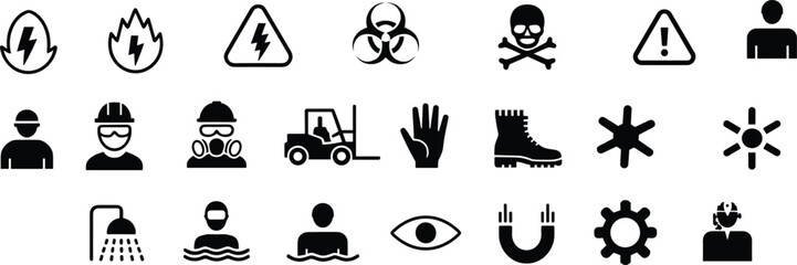Industrial safety and hazard icon set featuring PPE, warning signs, biohazards, electrical risks, protective gear, emergency response, and workplace safety.
