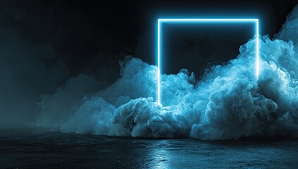 A vibrant neon-blue square frame emerges from a sea of smoky clouds, casting a cool glow on dark water