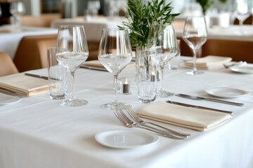 Fine Dining Table Setting with Crystal Glasses and Cutlery