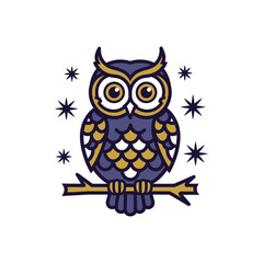 Cute cartoon owl perched on a branch with stars.