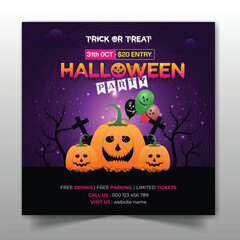 Halloween party invitation social media post design trick or treat web banner template