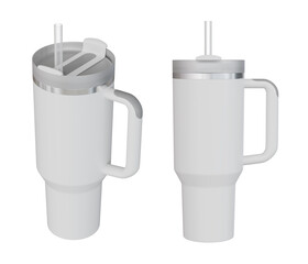 White Tumbler with Handle and Straw, in two views, Cup Holder Compatible for Travel, Insulated...