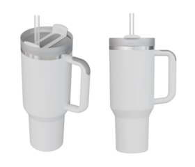 White Tumbler with Handle and Straw, in two views, Cup Holder Compatible for Travel, Insulated Stainless Steel Cup, Isolated on Transparent Background