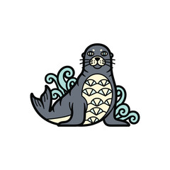 Cute Seal Illustration with Ocean Waves.