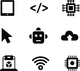 Collection of Modern Technology Icons Exploring Artificial Intelligence, Cloud Computing, Networking, Software Development, and Advanced Mobile Devices Innovation