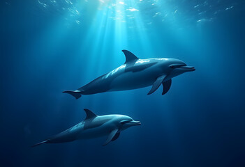 Fototapeta premium Swimming Dolphins Under Sunlight - Ocean Life Photography