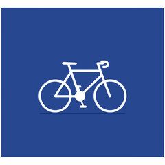 A minimalist white line icon of a road bicycle on a solid blue background.