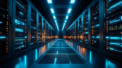 Fototapeta premium Modern Data Technology Center Server Racks in Dark