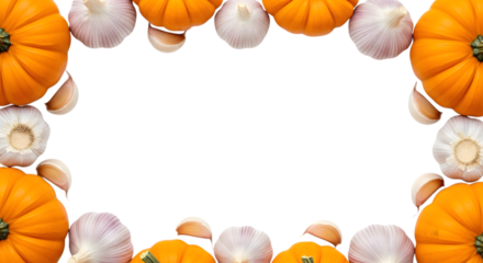 Decorative frame made of small pumpkins and garlic bulbs, isolated on transparent background, perfect for harvest or autumn themes