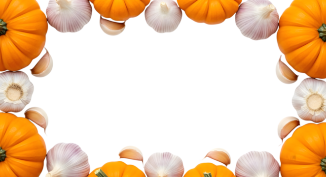 Decorative frame made of small pumpkins and garlic bulbs, isolated on transparent background, perfect for harvest or autumn themes