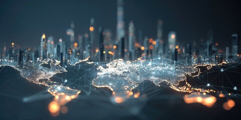 Global interconnectedness, digital world map overlaid with cityscapes