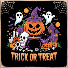 2d vector illustration Halloween t shirt icon design items ghost character Candles in carved pumpkin
