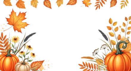 Autumnal border with pumpkins, maple leaves, and wildflowers, isolated on transparent background