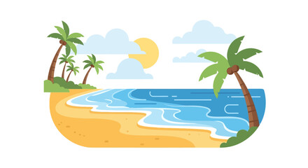 Obraz premium Tropical Paradise Beach with Palm Trees, Waves, and Sunny Sky - A Serene Coastal Landscape Illustration