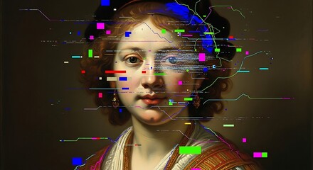 A classical portrait of a woman is overlaid with digital glitches and abstract data visualizations, blending old and new aesthetics.