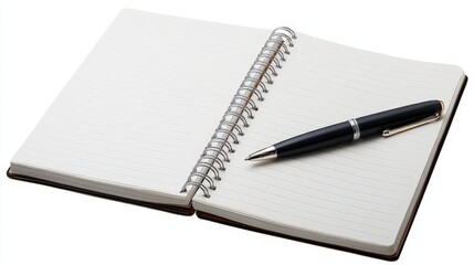 desk workspace with empty notebook and pen holder, isolated on white background