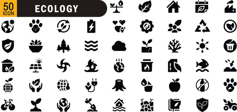 Ecology editable black fill icon set. Nature, environment, sustainability, energy, recycling and more.
