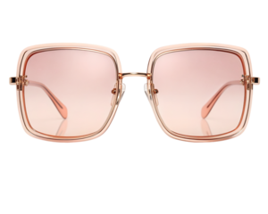 Stylish oversized square rose gold sunglasses with pink lenses isolated on transparent background