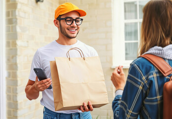 Man holding craft delivery paper bag mockup, ai generated