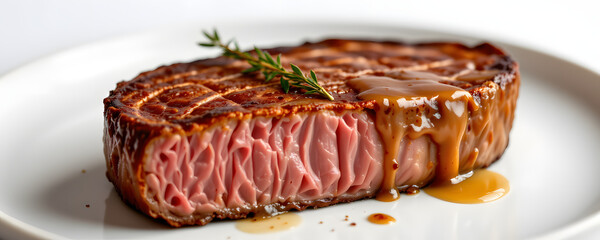 A macro shot of entrec&ocirc;te is isolated against a white background. Dutch angle and bright lighting create a clean, panoramic, and detailed texture