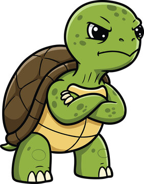 Cartoon illustration of an angry green turtle with crossed arms expressing negative emotion