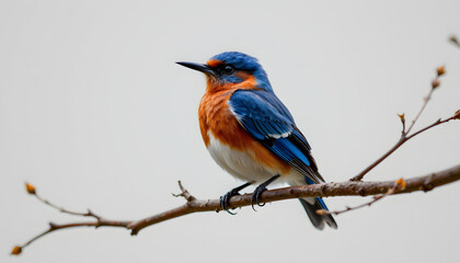 Obraz premium An iridescent blue and orange bird sits on a delicate branch, isolated against a white background