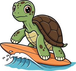 Obraz premium Cartoon surfing turtle riding the wave with a smiling expression on a white background