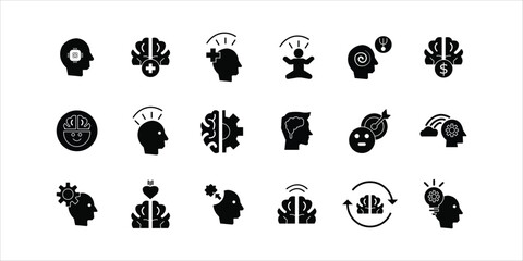 brain icons set. mind, focus, imagination, meditation and more. simple solid vector