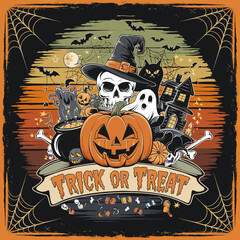 2d vector illustration Halloween t shirt icon design items ghost character Candles in carved pumpkin