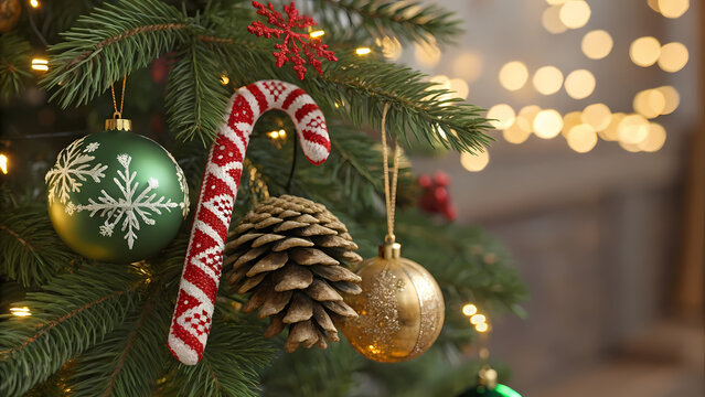 Festive Christmas Tree Decorations Holiday Season Cheer a Candy Cane Snowflake Pinecone and Ornaments Adorned with Twinkling Fairy Lights