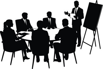 Silhouette Illustration of a Business Meeting Presentation with a Standing Presenter and Six Participants at a Round Table with Easel Chart