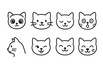 Line Style Cat Icons. Line style icons of house cat faces: kitten with big eyes, cat with whiskers, sleepy cat, surprised cat;
