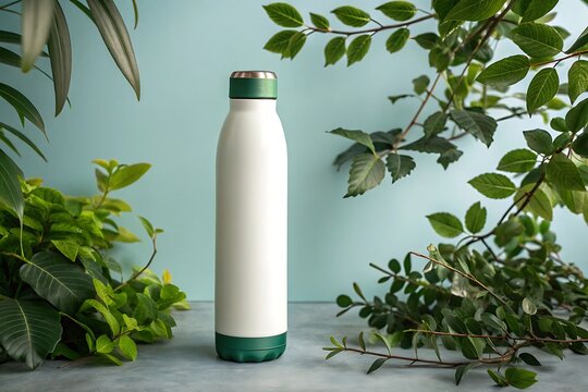 Minimalist tall white and green reusable water bottle surrounded by lush greenery