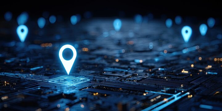 Abstract city map overlaid on a technological circuit board.  Digital locations