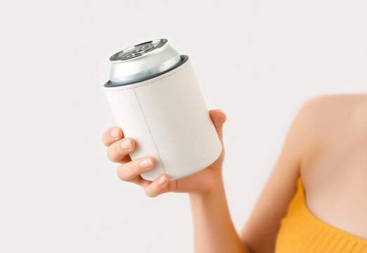Hand holding white koozie with silver can mockup, ai generated