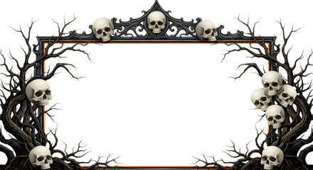 Gothic halloween frame with skulls and bare branches, isolated on transparent background