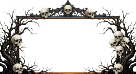 Gothic halloween frame with skulls and bare branches, isolated on transparent background
