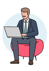 A businessman in a suit and tie is sitting on a red beanbag chair, working on a laptop. He appears focused and relaxed, representing modern, flexible work environments and technology use.
