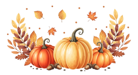 Autumn harvest of pumpkins and fall leaves, isolated on transparent background