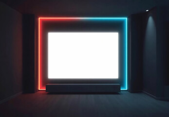 Blank white tv display in dark room interior mockup, ai generated
