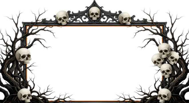 Gothic halloween frame with skulls and bare branches, isolated on transparent background