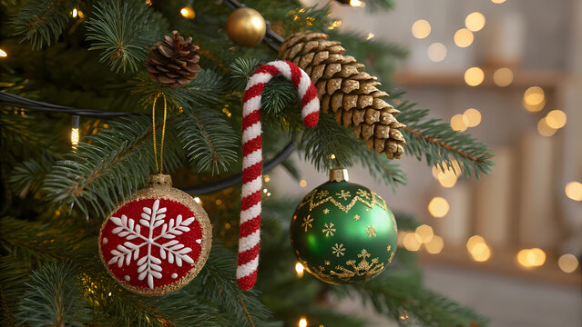 Festive Christmas Tree Decorations Candy Cane and Ornaments Abound