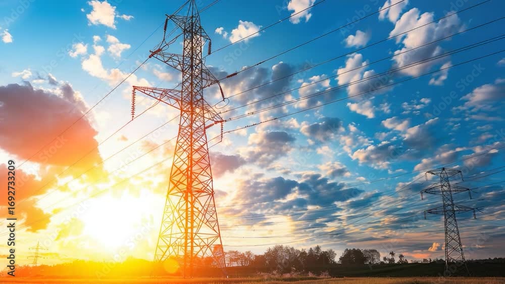 Poster sunset scene with power lines in a field