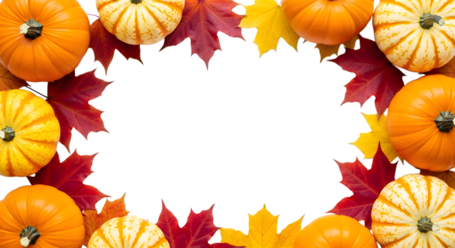 Frame of pumpkins and autumn leaves, isolated on transparent background