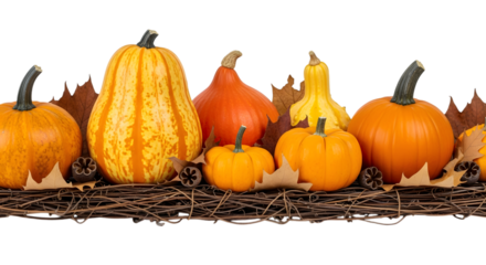 Variety of pumpkins and gourds arranged on a rustic base with autumn leaves, isolated on transparent background