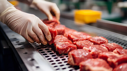 Hands of a meat factory worker gathering packed meat