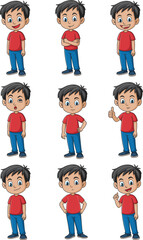 Cartoon boy character emotion set, nine expressive poses, red shirt and blue pants, cheerful and thoughtful gestures, animation asset, educational illustration, kids design