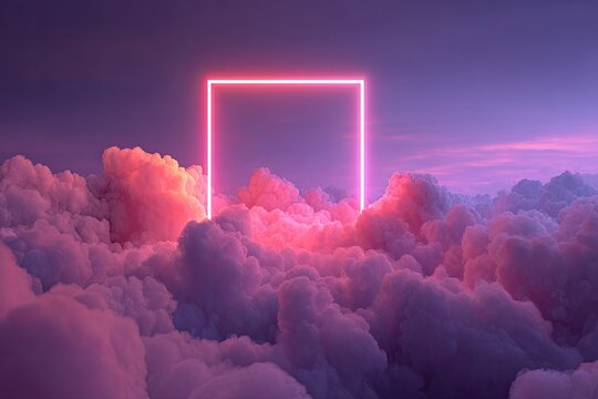 Neon rectangle framed by clouds at twilight