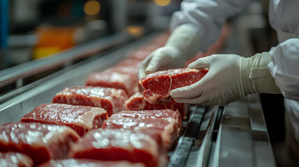 Hands of a meat factory worker gathering packed meat