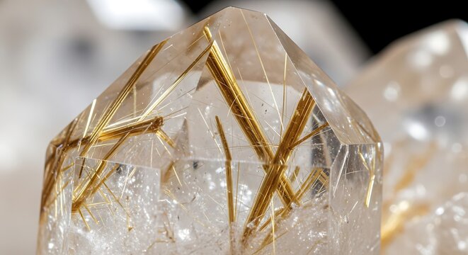 Rutilated Quartz Crystal Golden Needles Macro Shot.